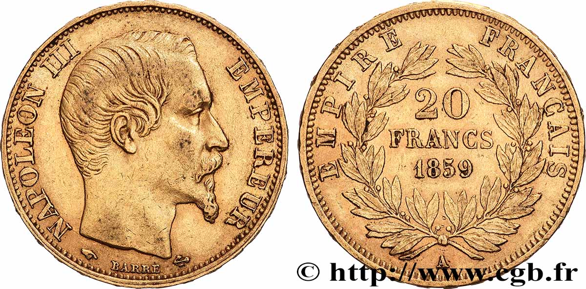 20 francs or Napoléon III, tête nue 1859 Paris F.531/15 BB 
