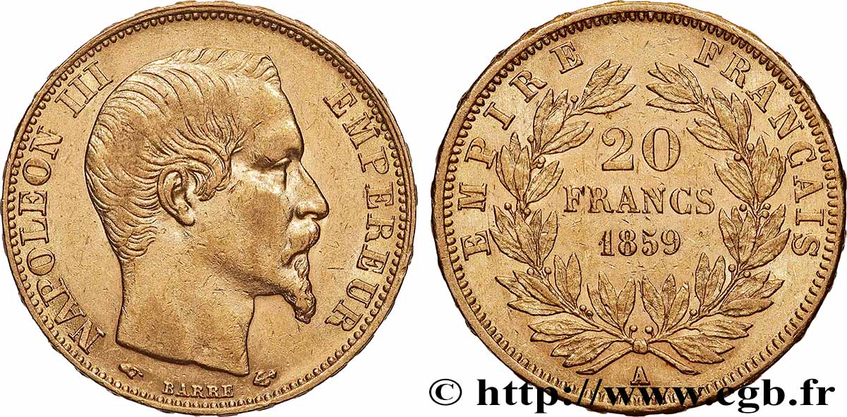 20 francs or Napoléon III, tête nue 1859 Paris F.531/15 TTB+ 
