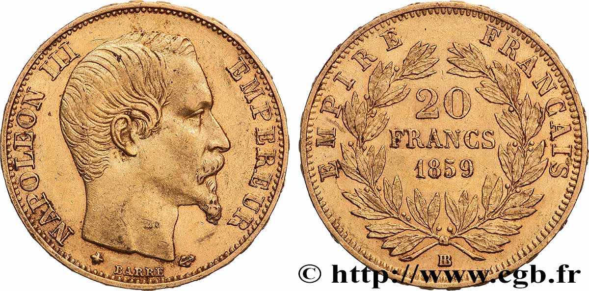 20 francs or Napoléon III, tête nue 1859 Strasbourg F.531/16 AU 