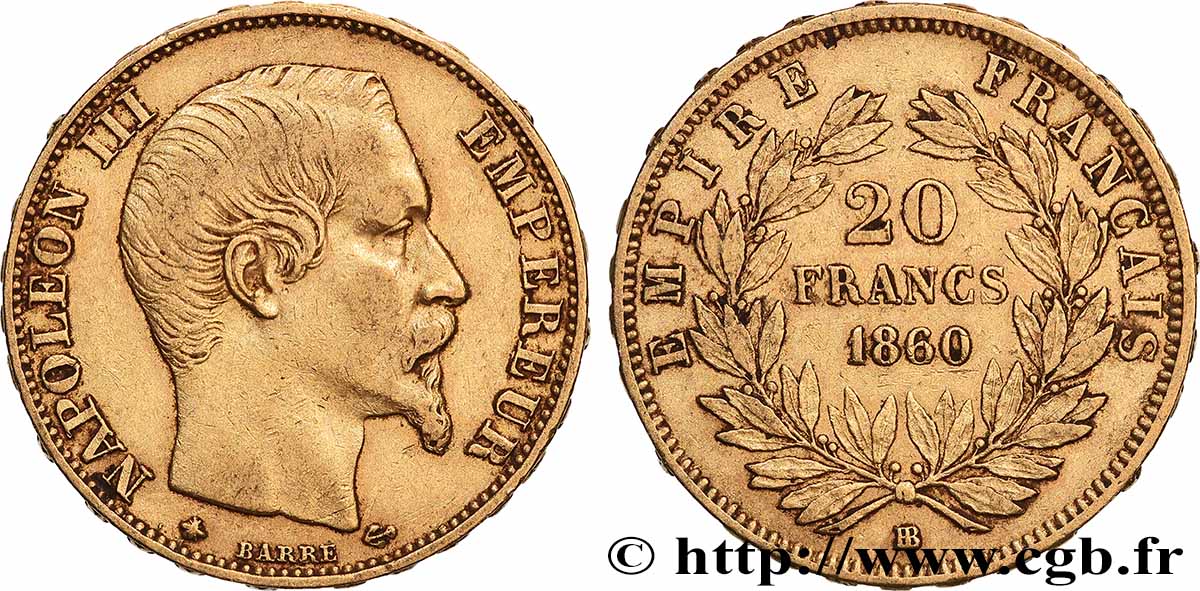 20 francs or Napoléon III, tête nue 1860 Strasbourg F.531/20 TTB 