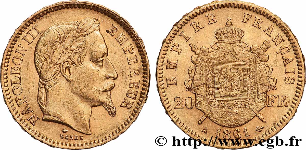 20 francs or Napoléon III, tête laurée 1861 Paris F.532/1 q.SPL 