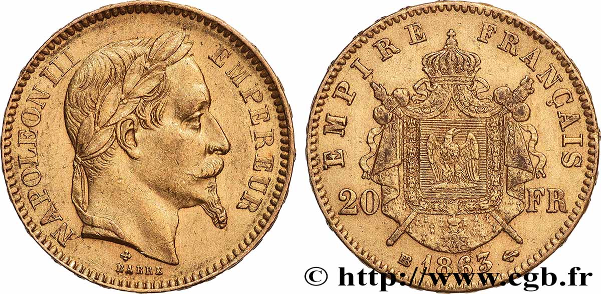20 francs or Napoléon III, tête laurée 1863 Strasbourg F.532/7 TTB+ 