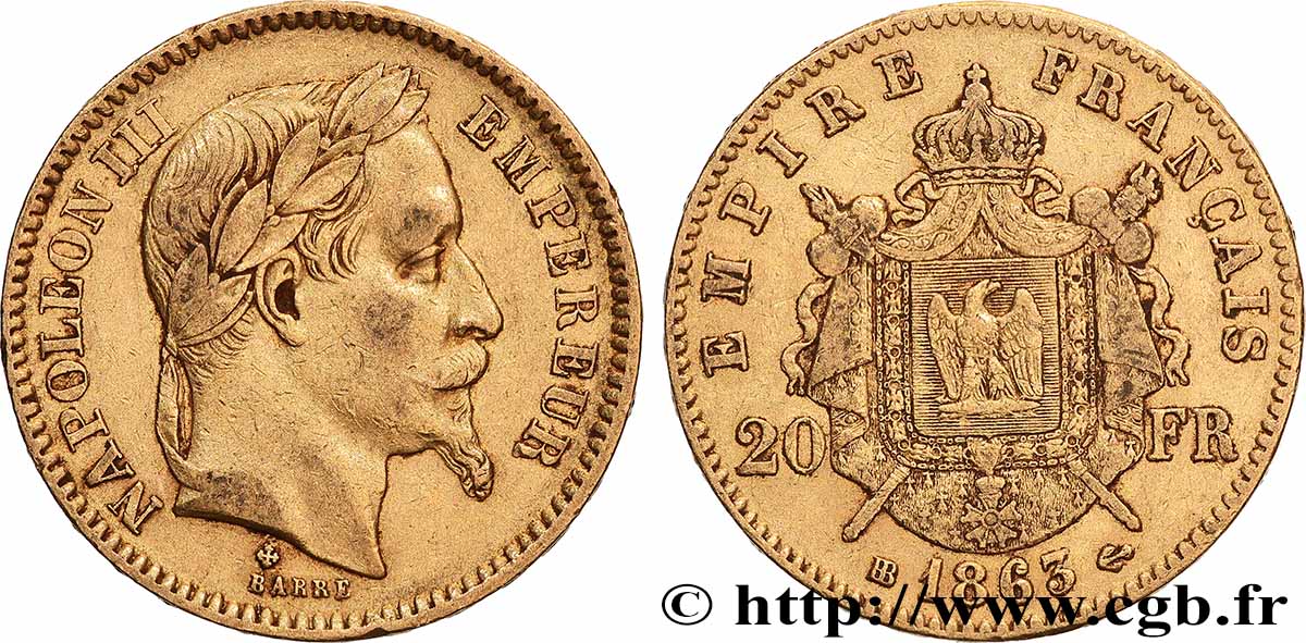 20 francs or Napoléon III, tête laurée 1863 Strasbourg F.532/7 BB 