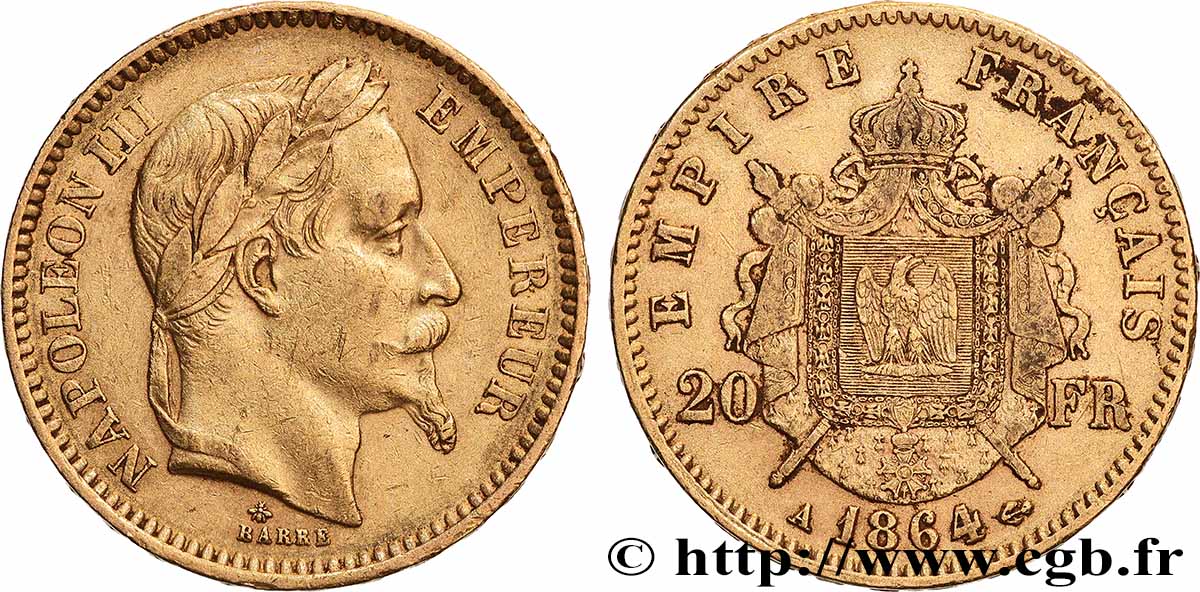 20 francs or Napoléon III, tête laurée 1864 Paris F.532/8 BB 