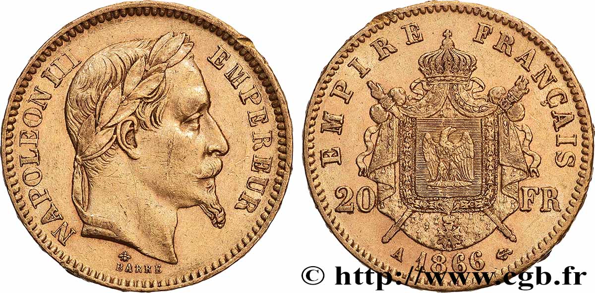 20 francs or Napoléon III, tête laurée 1866 Paris F.532/13 TTB+ 