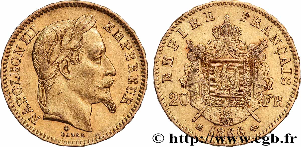 20 francs or Napoléon III, tête laurée 1866 Strasbourg F.532/14 TTB 