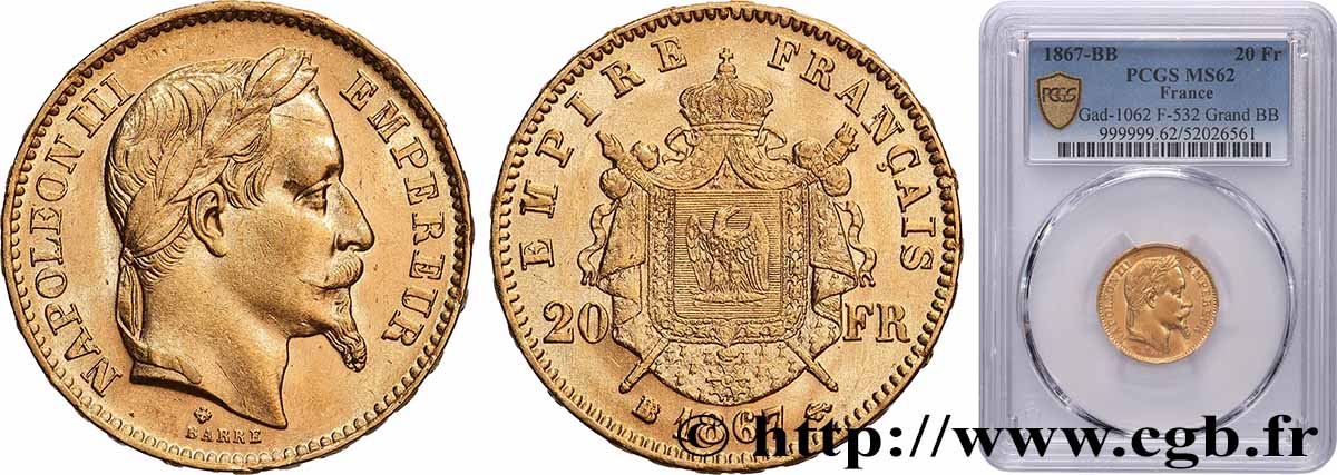 20 francs or Napoléon III, tête laurée, grand BB 1867 Strasbourg F.532/17 VZ62 PCGS