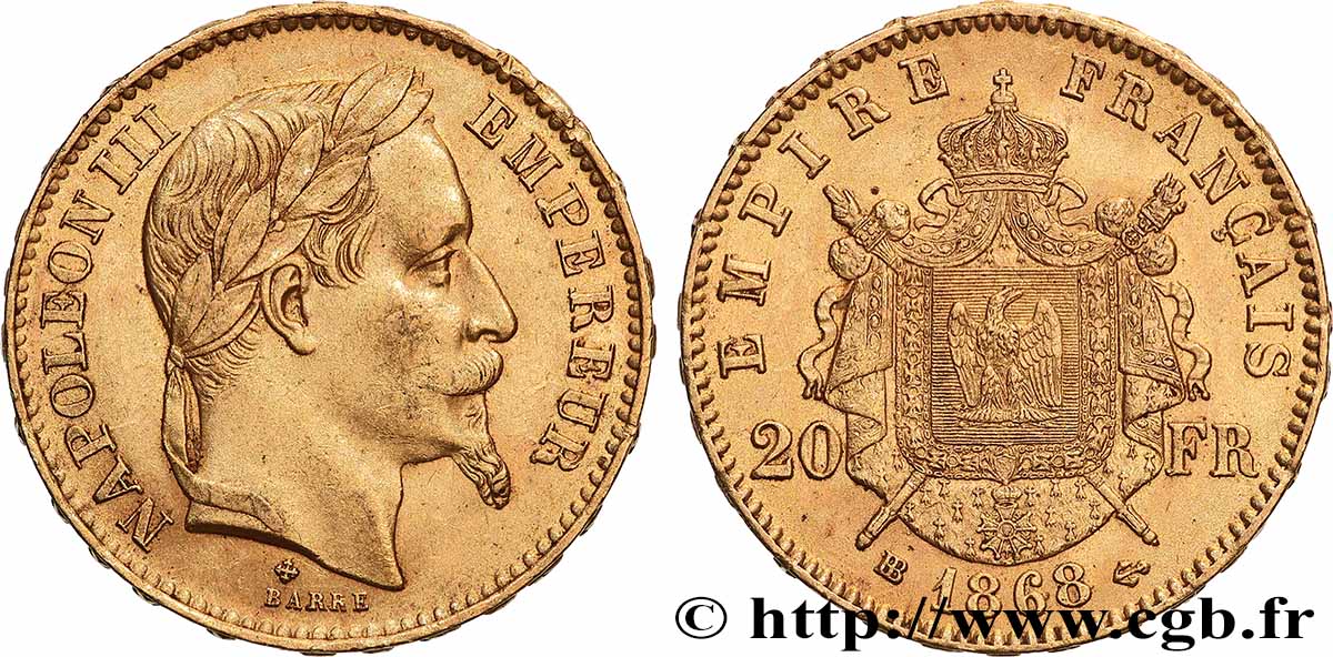 20 francs or Napoléon III, tête laurée 1868 Strasbourg F.532/19 AU 