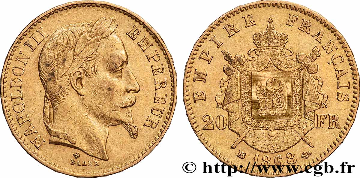 20 francs or Napoléon III, tête laurée 1868 Strasbourg F.532/19 TTB 