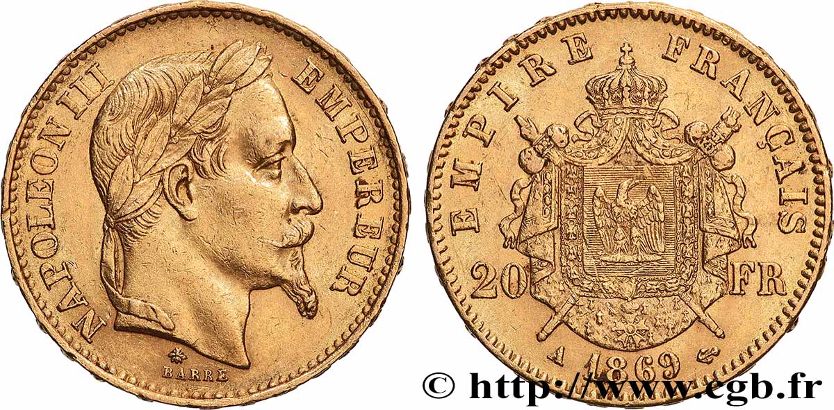 20 francs or Napoléon III, tête laurée 1869 Paris F.532/20 TTB 