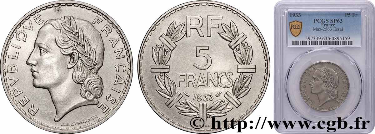 Essai de 5 francs Lavrillier, nickel 1933  F.336/1 MS63 PCGS
