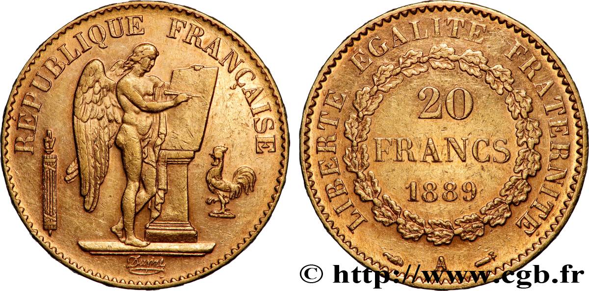 20 francs or Génie, Troisième République 1889 Paris F.533/12 MBC+ 