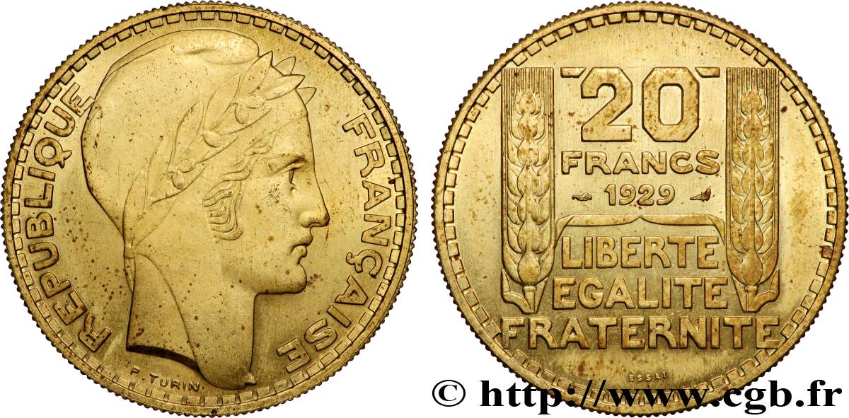 Essai de 20 francs Turin en bronze-aluminium 1929 Paris GEM.199 5 SUP 