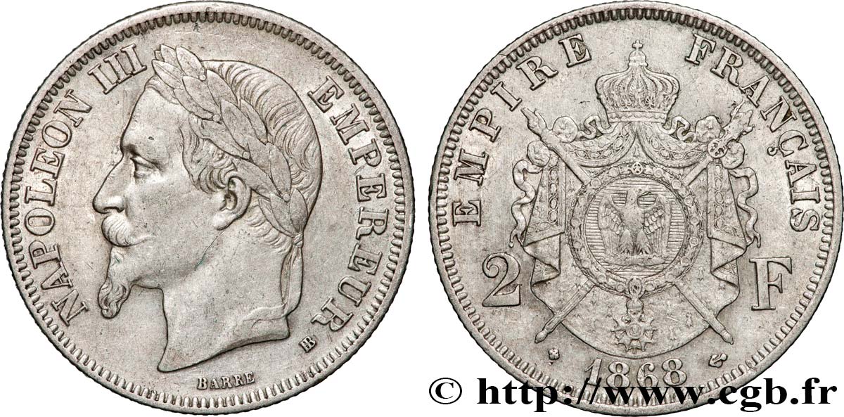 2 francs Napoléon III, tête laurée  1868 Strasbourg F.263/9 TTB+ 