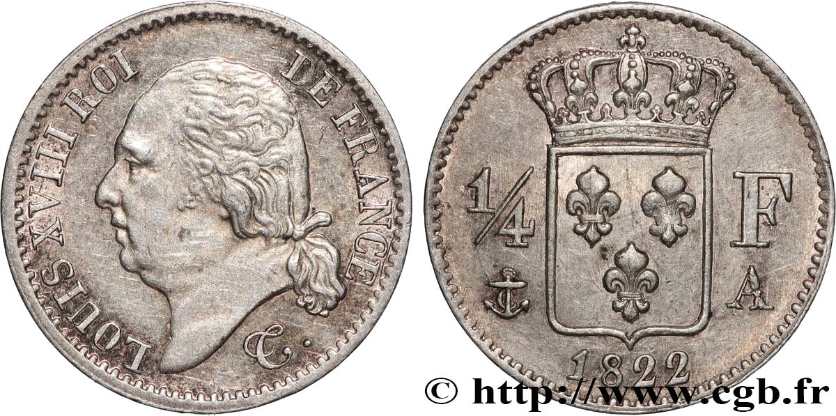 1/4 franc Louis XVIII 1822 Paris F.163/21 SUP+ 