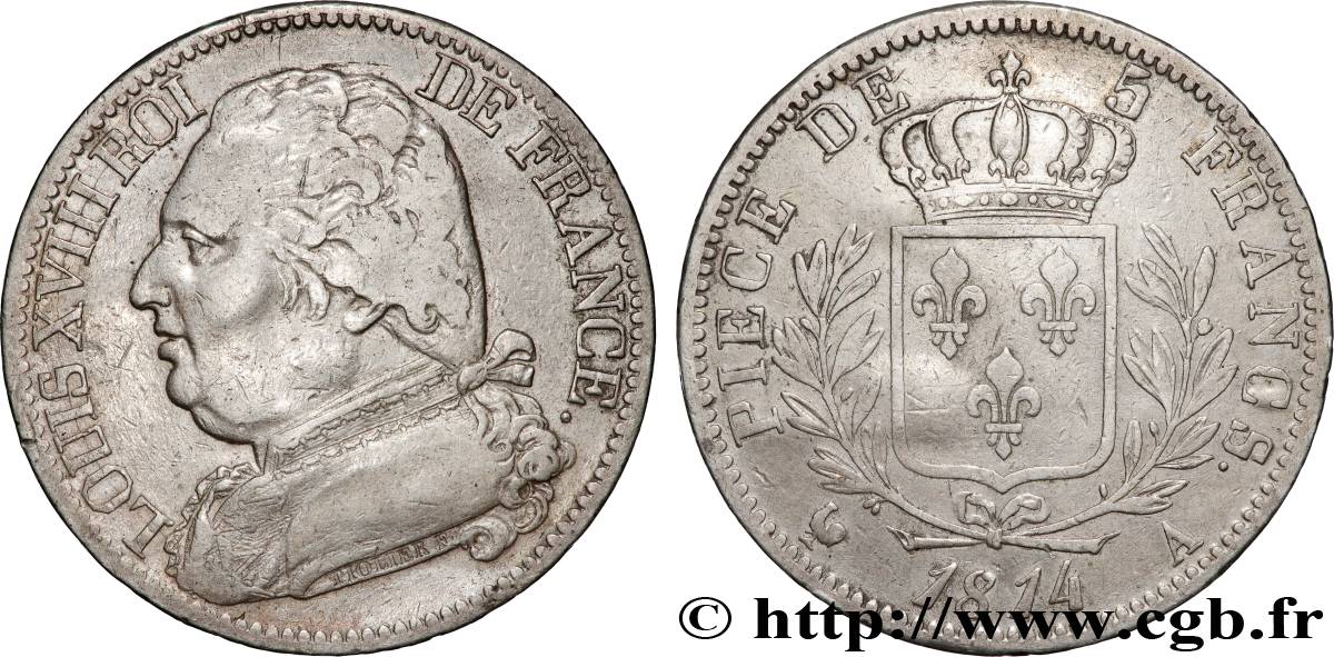 5 francs Louis XVIII, buste habillé 1814 Paris F.308/1 TB 