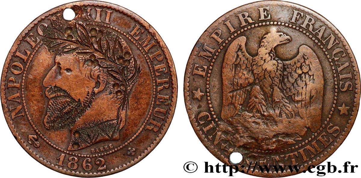 Cinq centimes Napoléon III, tête laurée, satirique regravée 1862 Strasbourg F.117/8 var. TB 