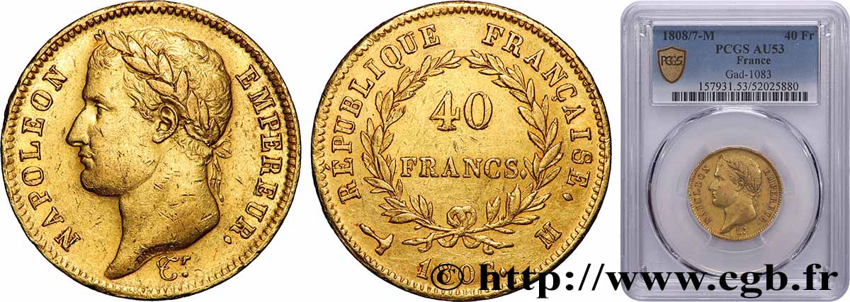 40 francs or Napoléon Ier tête laurée, République française 1808 Toulouse F.540/4 TTB53 PCGS