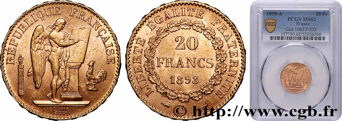 20 francs or Génie, Troisième République 1898 Paris F.533/23 SUP62 PCGS