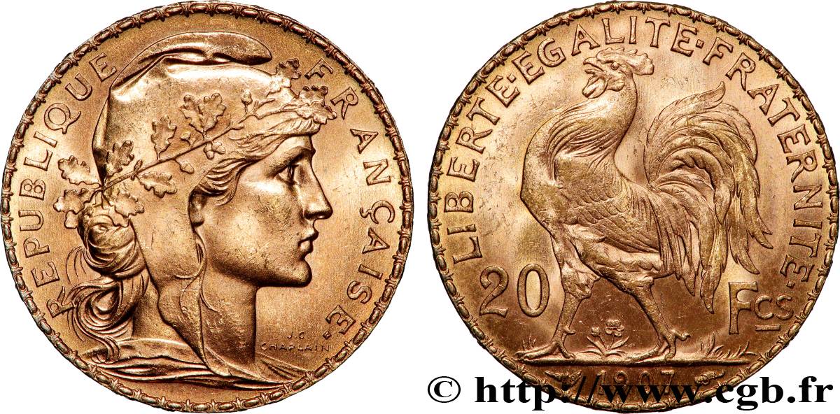 20 francs or Coq, Liberté Égalité Fraternité 1907 Paris F.535/1 SUP+ 