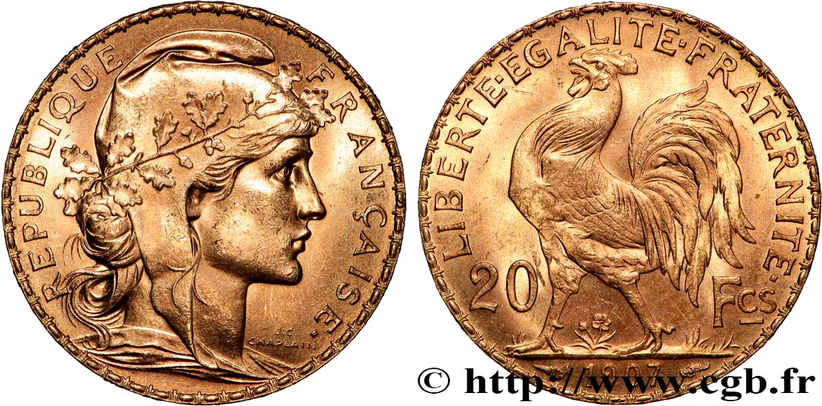 20 francs or Coq, Liberté Égalité Fraternité 1907 Paris F.535/1 SPL 