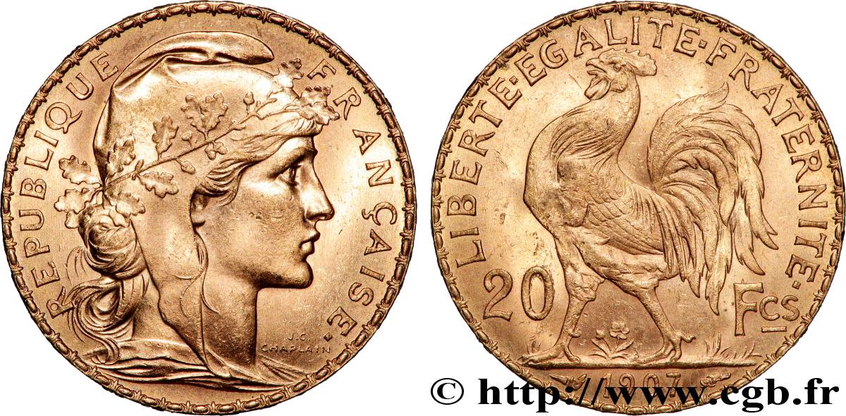 20 francs or Coq, Liberté Égalité Fraternité 1907 Paris F.535/1 EBC+ 