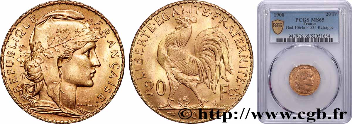 20 francs or Coq, Liberté Égalité Fraternité 1908 Paris F.535/2 FDC65 PCGS
