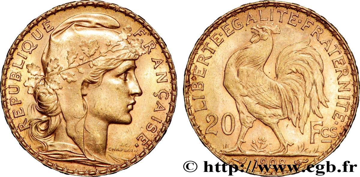20 francs or Coq, Liberté Égalité Fraternité 1908 Paris F.535/2 SUP 