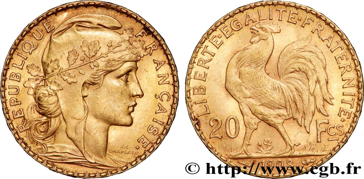 20 francs or Coq, Liberté Égalité Fraternité 1908 Paris F.535/2 AU 
