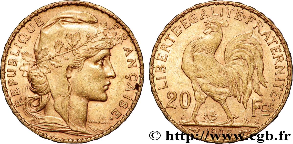 20 francs or Coq, Liberté Égalité Fraternité 1908 Paris F.535/2 q.SPL 