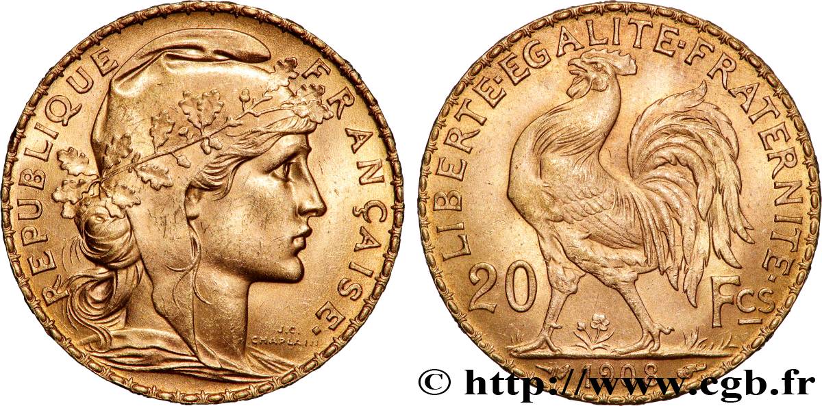 20 francs or Coq, Liberté Égalité Fraternité 1908 Paris F.535/2 SPL+ 