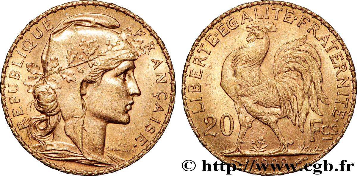 20 francs or Coq, Liberté Égalité Fraternité 1909 Paris F.535/3 SPL+ 