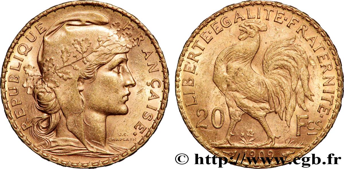 20 francs or Coq, Liberté Égalité Fraternité 1909 Paris F.535/3 SPL 