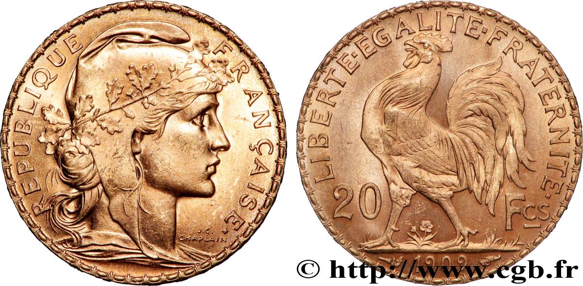20 francs or Coq, Liberté Égalité Fraternité 1909 Paris F.535/3 SPL 