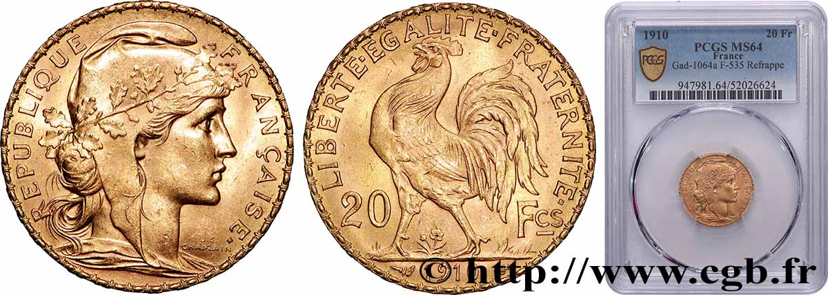 20 francs or Coq, Liberté Égalité Fraternité 1910 Paris F.535/4 fST64 PCGS