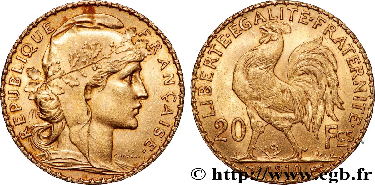 20 francs or Coq, Liberté Égalité Fraternité 1910 Paris F.535/4 SPL 