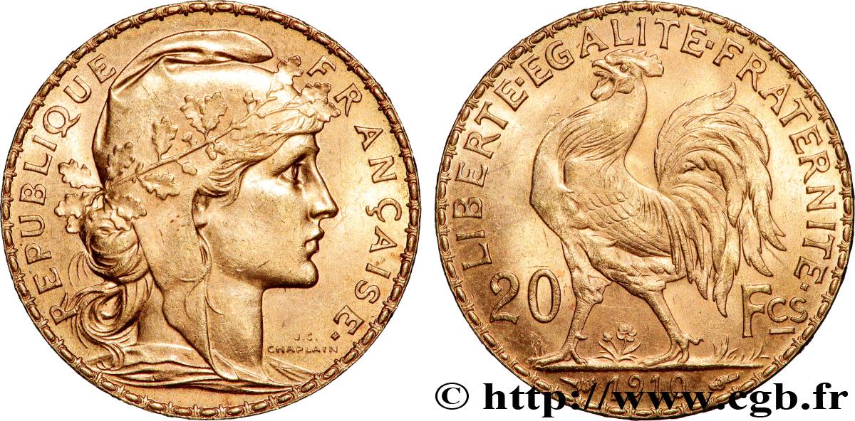 20 francs or Coq, Liberté Égalité Fraternité 1910 Paris F.535/4 SUP+ 