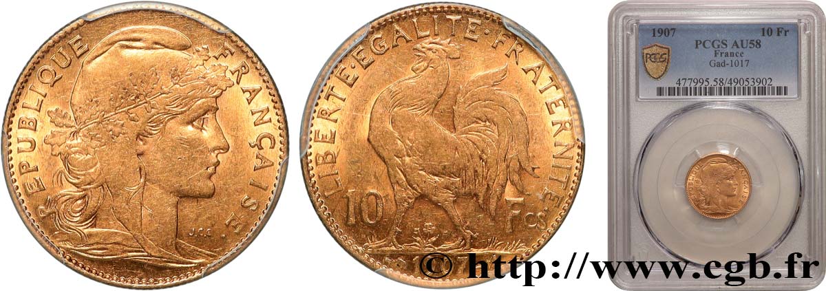 10 francs or Coq 1907 Paris F.509/8 AU58 PCGS