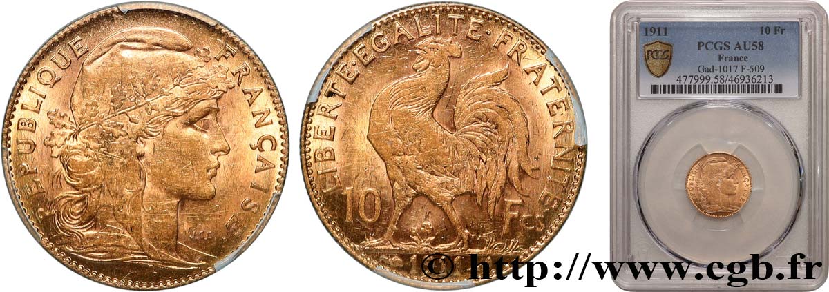 10 francs or Coq 1911 Paris F.509/12 AU58 PCGS