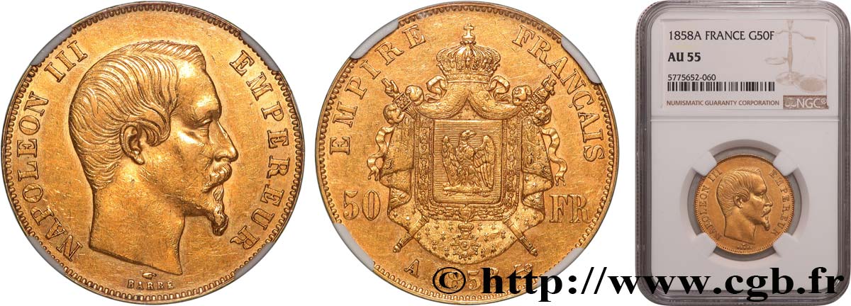 50 francs or Napoléon III, tête nue 1858 Paris F.547/5 AU55 NGC