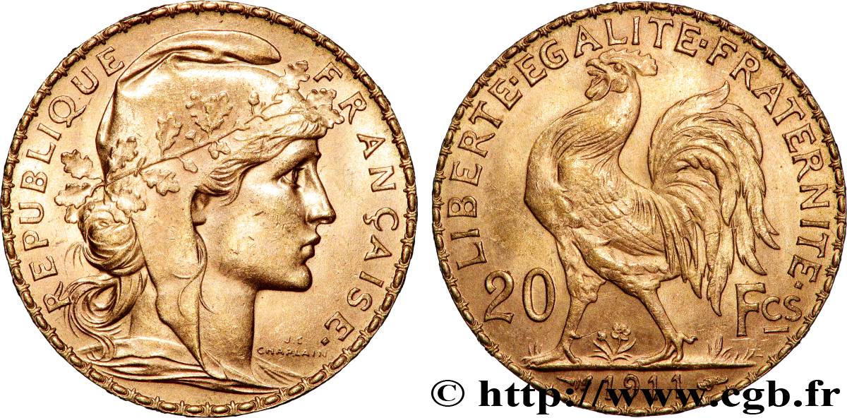 20 francs or Coq, Liberté Égalité Fraternité 1911 Paris F.535/5 SUP+ 
