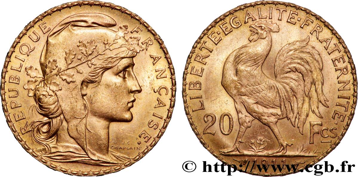 20 francs or Coq, Liberté Égalité Fraternité 1911 Paris F.535/5 SUP+ 