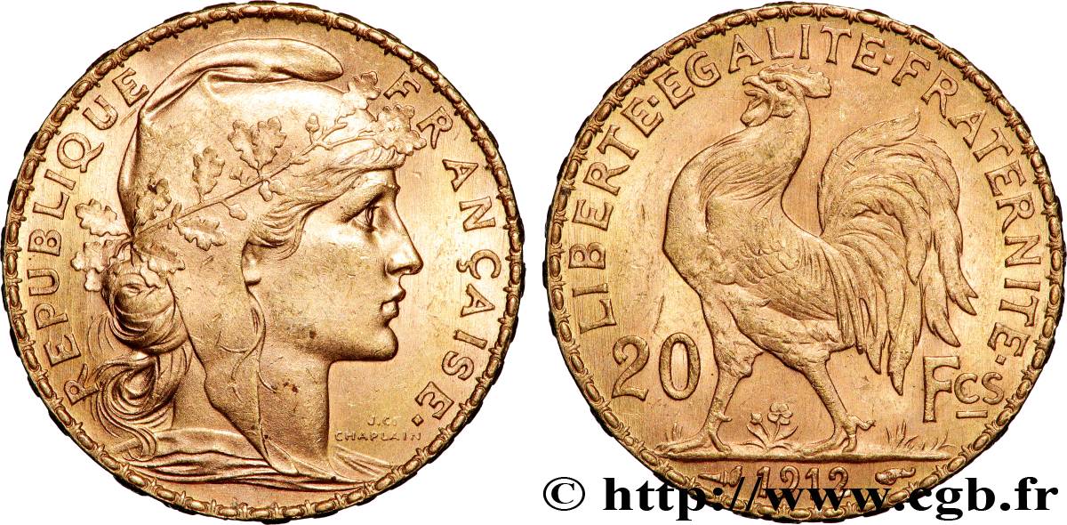 20 francs or Coq, Liberté Égalité Fraternité 1912 Paris F.535/6 SPL+ 