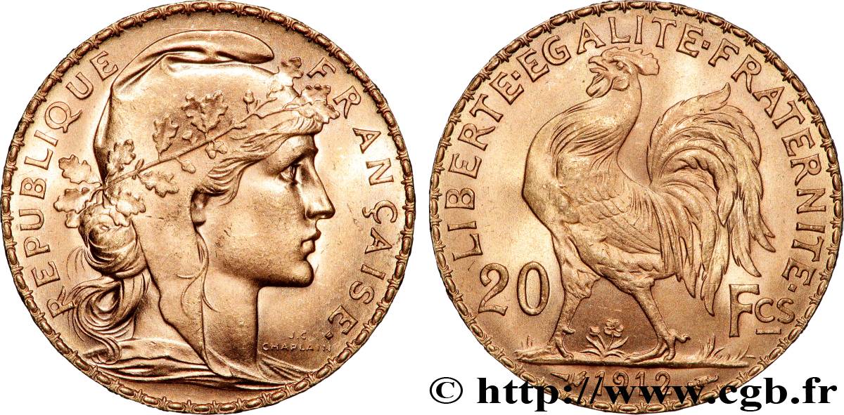 20 francs or Coq, Liberté Égalité Fraternité 1912 Paris F.535/6 SPL 