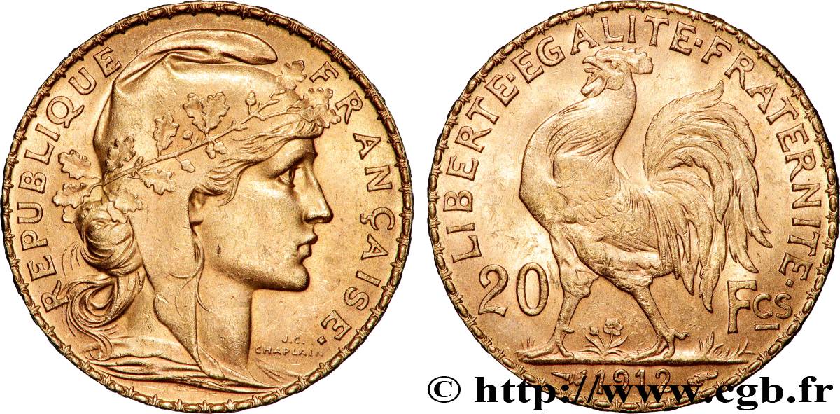 20 francs or Coq, Liberté Égalité Fraternité 1912 Paris F.535/6 SUP+ 