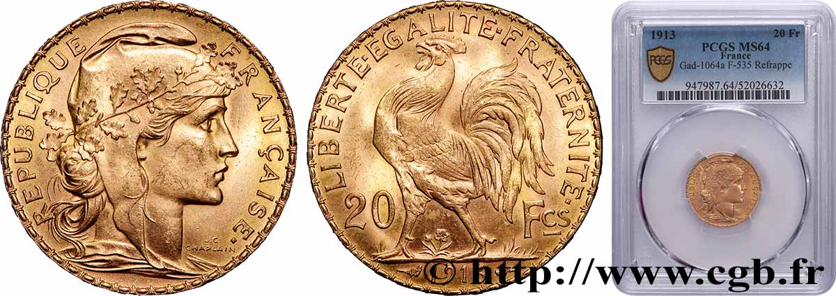 20 francs or Coq, Liberté Égalité Fraternité 1913 Paris F.535/7 SPL64 PCGS