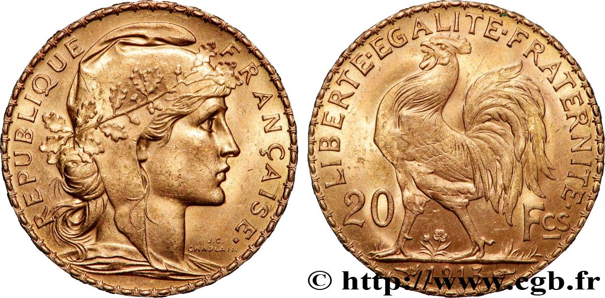 20 francs or Coq, Liberté Égalité Fraternité 1913 Paris F.535/7 SPL 