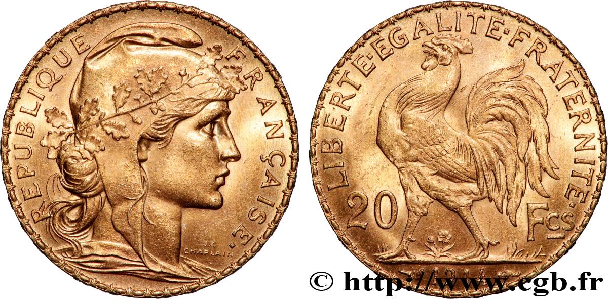 20 francs or Coq, Liberté Égalité Fraternité 1914 Paris F.535/8 SPL 