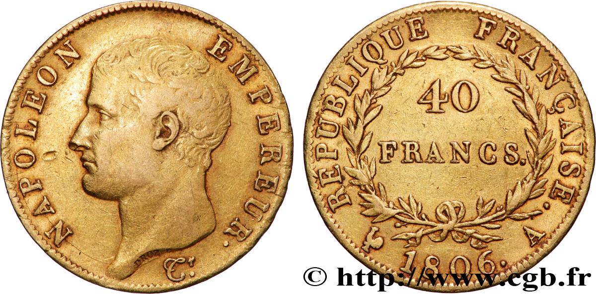 40 francs or Napoléon tête nue, Calendrier grégorien 1806 Paris F.538/1 XF 