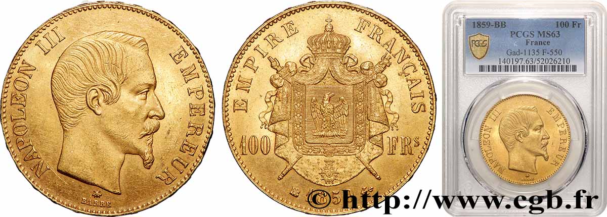 100 francs or Napoléon III tête nue 1859 Strasbourg F.550/8 MS63 PCGS